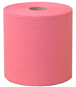475 sheet roll of perforated nonwoven red disposable towels with a transparent background.