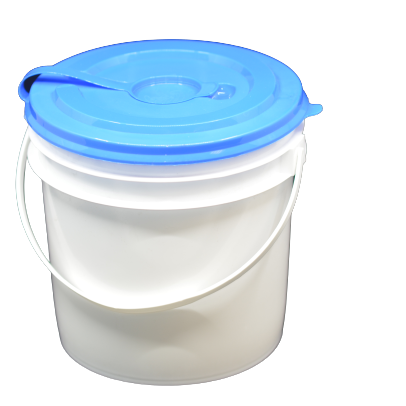 Bucket containing a perforated roll of dry wipes or towels. The bucket is white, with a white handle, and has a blue lid with a resealable dispensing feed to pull the wipes through after adding a cleaning solution of your choice.