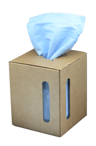brown center pull box with carry handles full of a perforated roll of blue disposable shop towels.