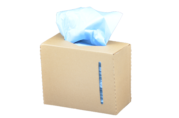 blue disposable shop towels in a plain brown box (interfold popup dispensing box).