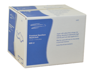 Blue and white box of private label premium spunlace washcloths.
